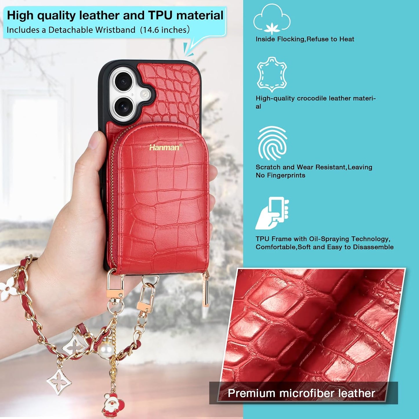 Hanman Magnetic Wallet Case for iPhone 17 RFID Blocking Faux Leather Zipper NEW
