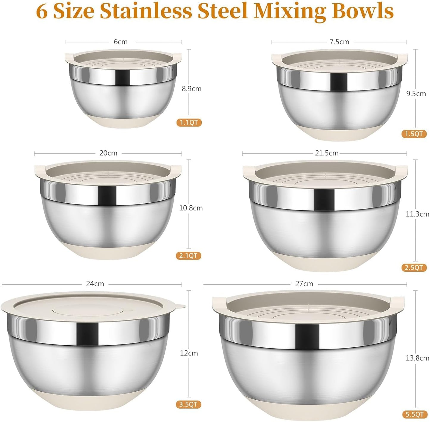 ZeroStage Stainless Steel Mixing Bowls Set with Lids, 1.1-5.5 QT, Non-Slip DEMO