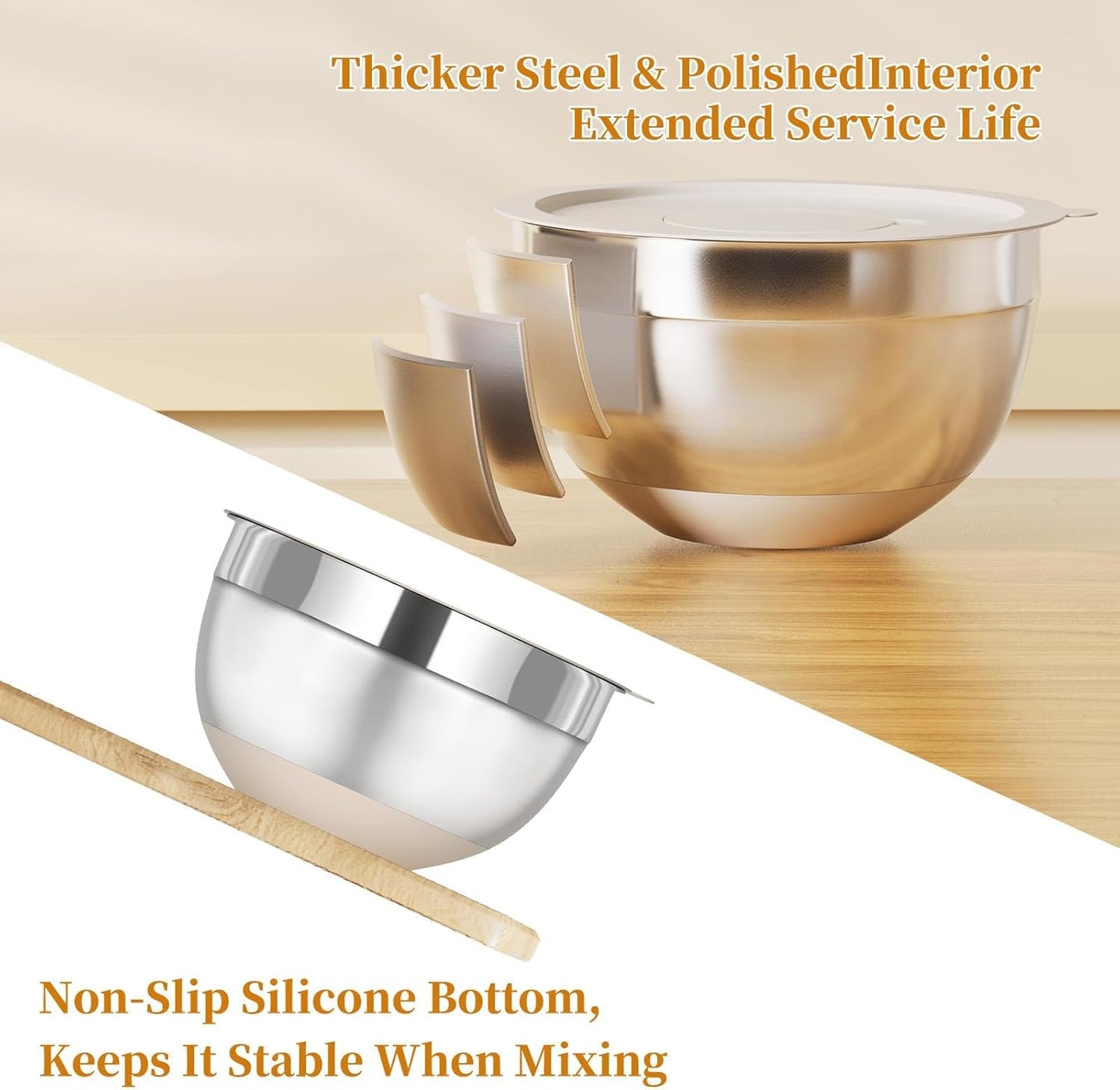 ZeroStage Stainless Steel Mixing Bowls Set with Lids, 1.1-5.5 QT, Non-Slip DEMO
