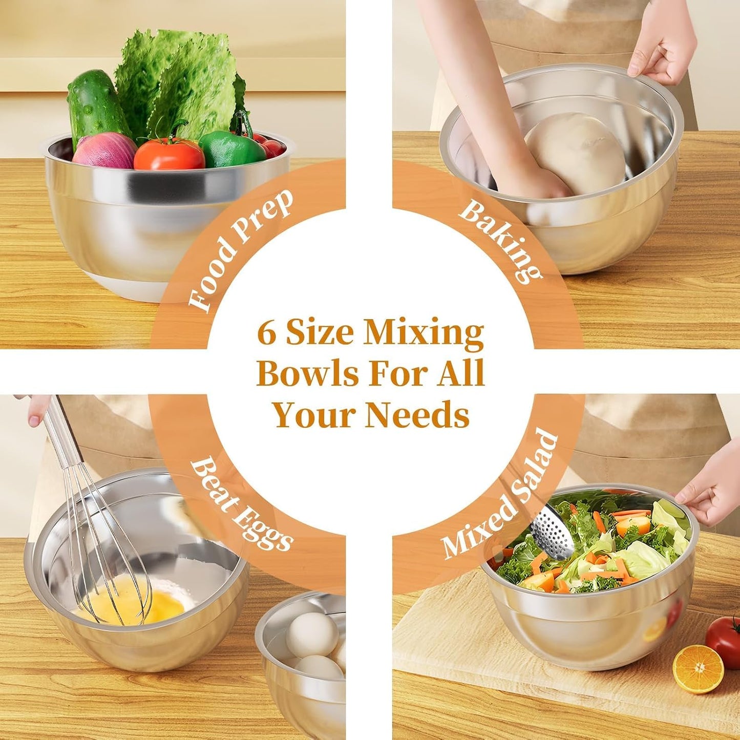 ZeroStage Stainless Steel Mixing Bowls Set with Lids, 1.1-5.5 QT, Non-Slip DEMO