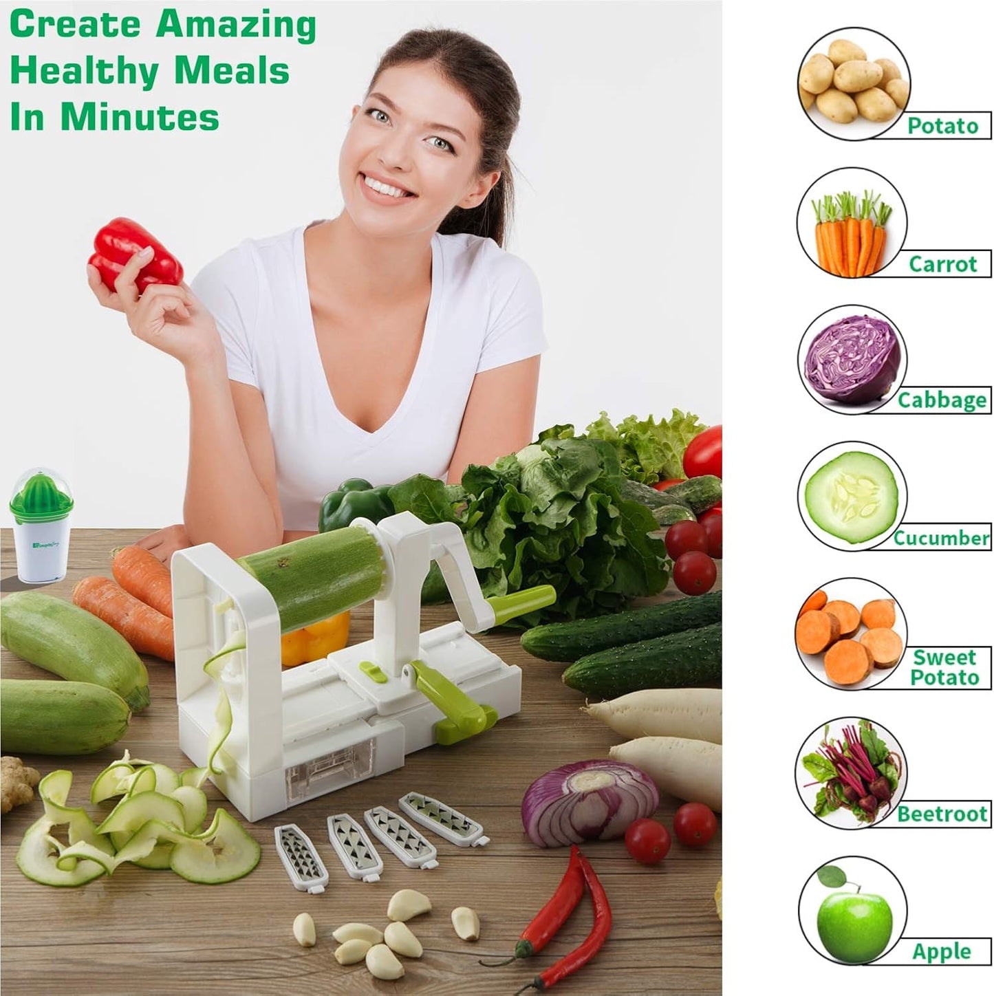 SIMPLEJOY Foldable 5-Blade Vegetable Spiralizer Zucchini Cutter White Green NEW