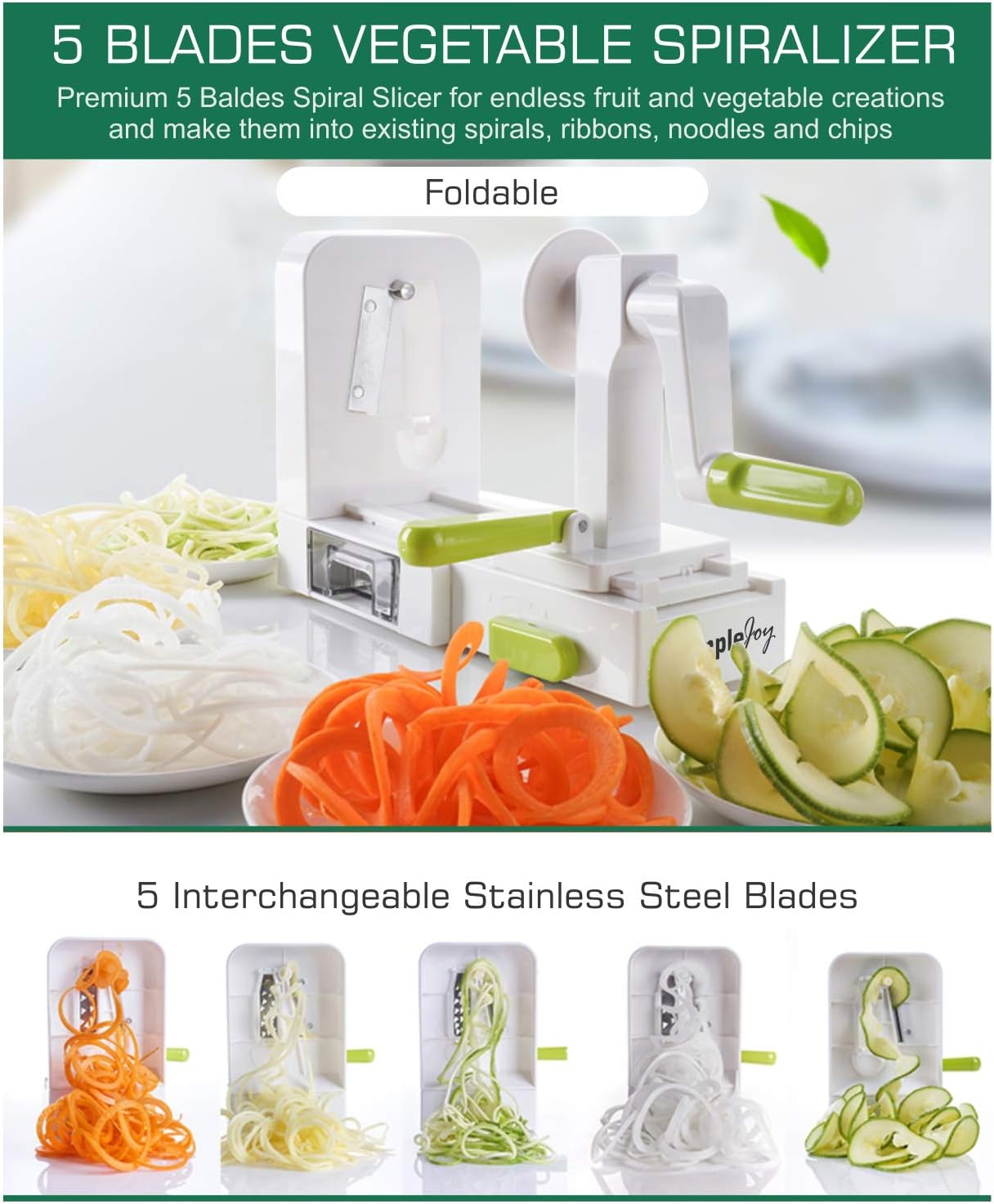 SIMPLEJOY Foldable 5-Blade Vegetable Spiralizer Zucchini Cutter White Green NEW
