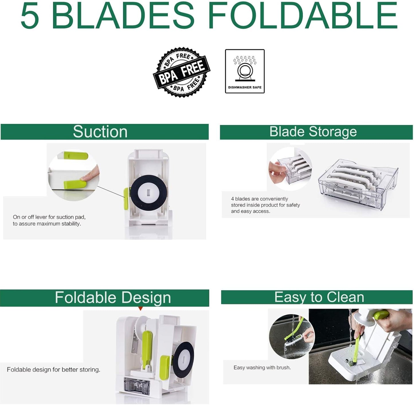 SIMPLEJOY Foldable 5-Blade Vegetable Spiralizer Zucchini Cutter White Green NEW