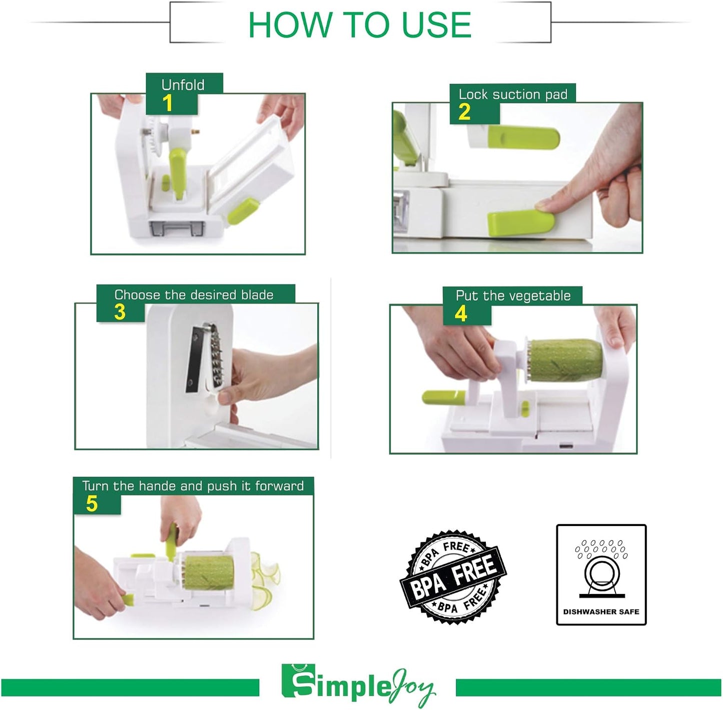 SIMPLEJOY Foldable 5-Blade Vegetable Spiralizer Zucchini Cutter White Green NEW