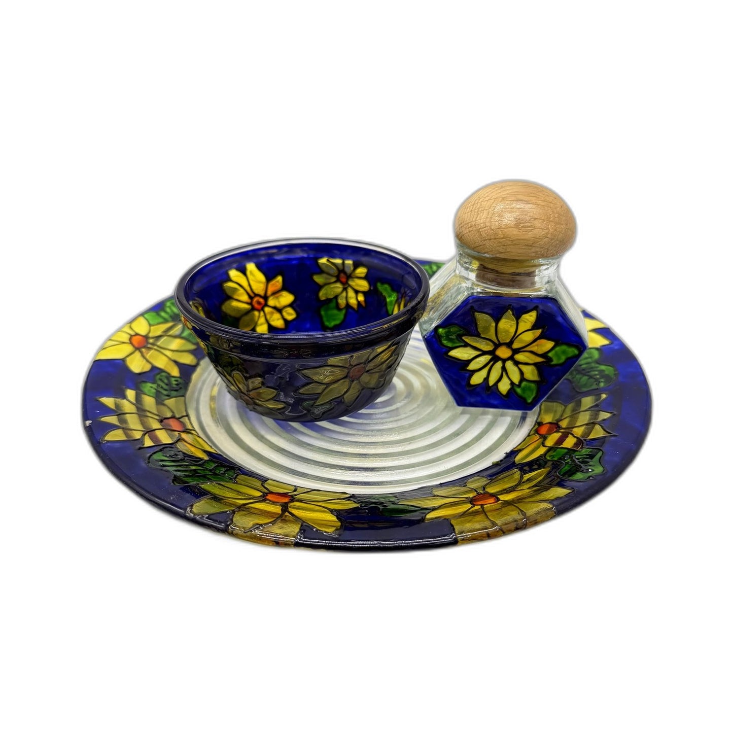 Decorative 3-Piece Hand-Painted Floral Yellow Sunflower & Blue Glass Bowl Set