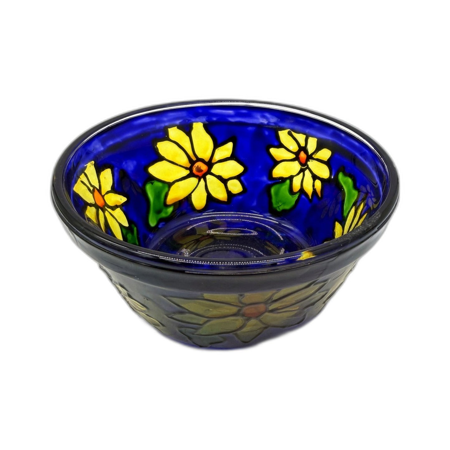 Decorative 3-Piece Hand-Painted Floral Yellow Sunflower & Blue Glass Bowl Set