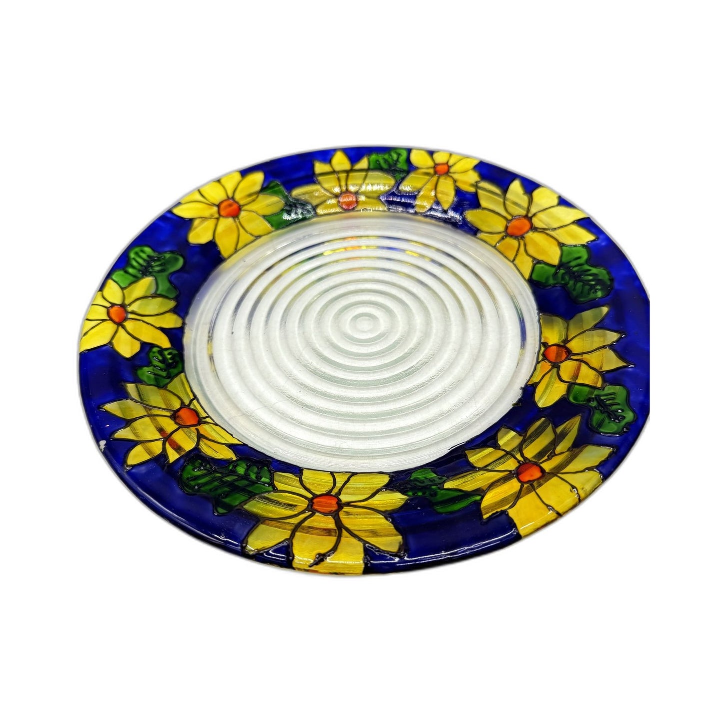 Decorative 3-Piece Hand-Painted Floral Yellow Sunflower & Blue Glass Bowl Set