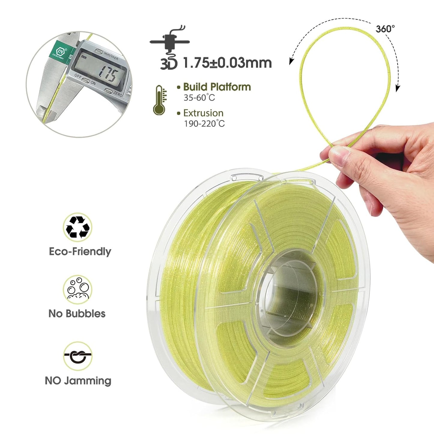iSANMATE Transparent Glitter PLA Filament 1.75mm for 3D Printing, Yellow NEW