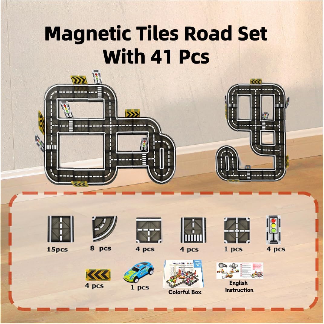 LY WHALE Magnetic Building Blocks 41PCS Multicolored Plastic Tiles Road Set NEW