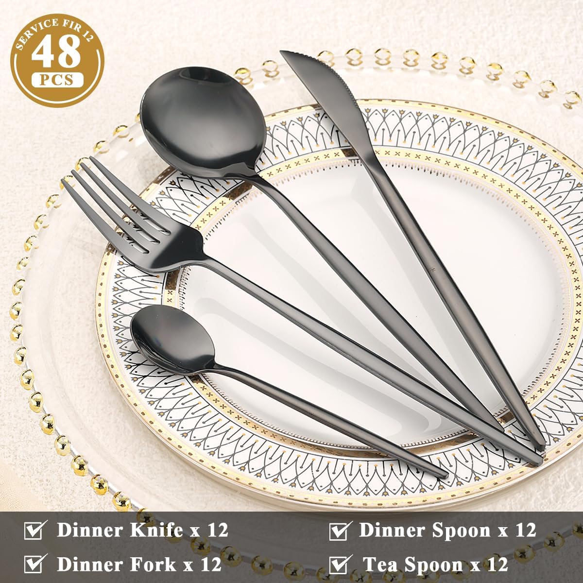Berglander 48-Piece Black Titanium Plated Stainless Steel Cutlery Set NEW