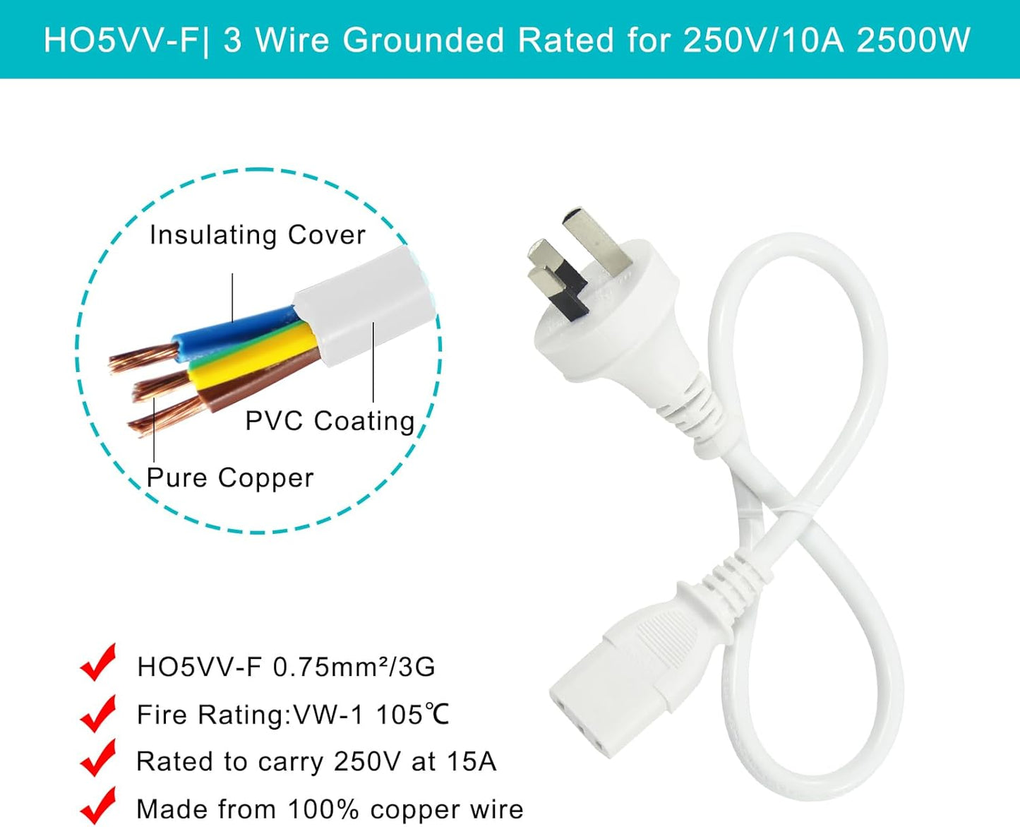 wininks 2x White 0.5M Power Cord 240V 3-Pin Plug Cable for Monitors Kettles NEW