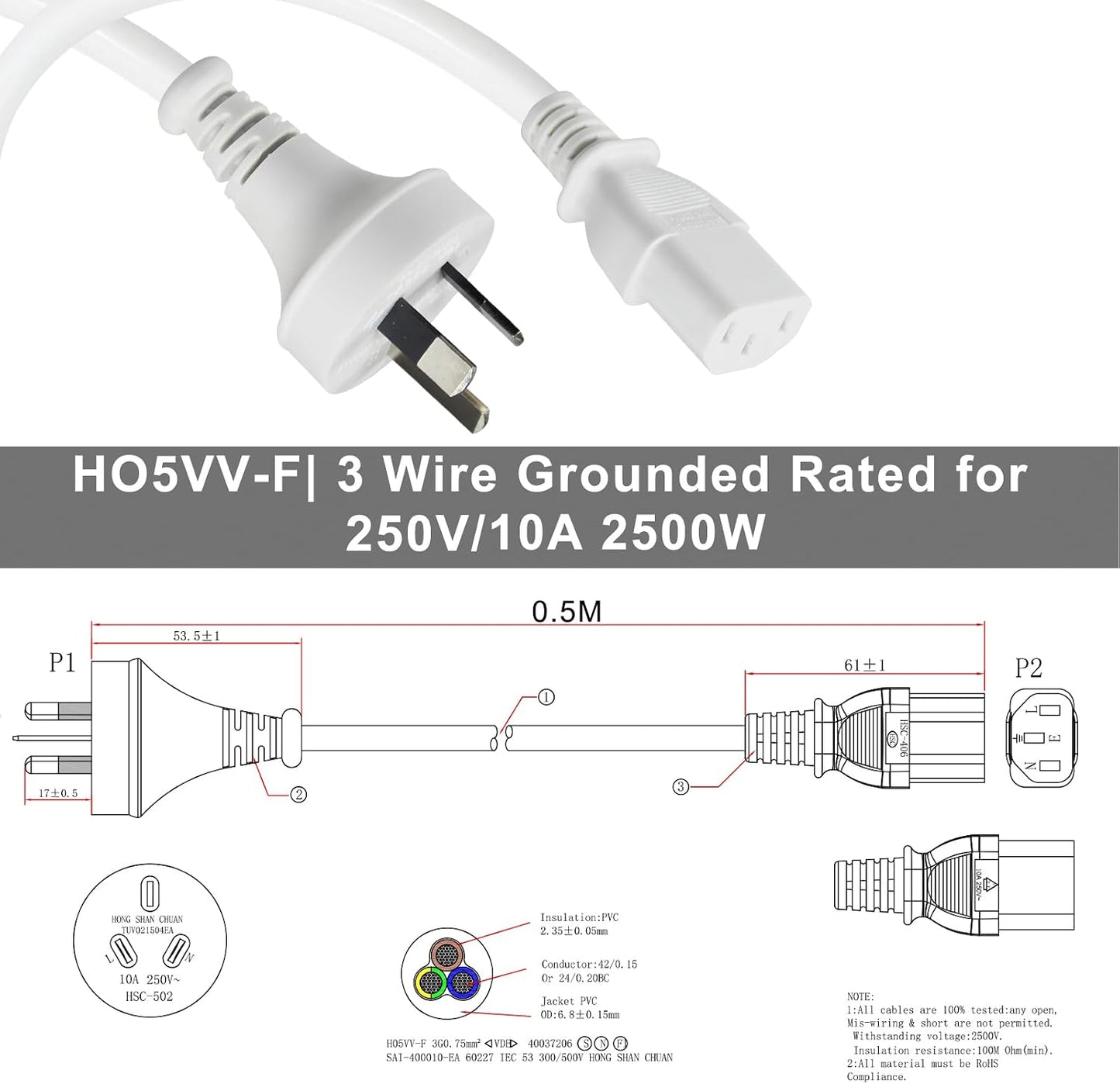 wininks 2x White 0.5M Power Cord 240V 3-Pin Plug Cable for Monitors Kettles NEW