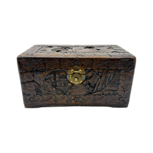 VINTAGE Decorative Oriental Carved Floral Wooden Storage Hinged Accent Box