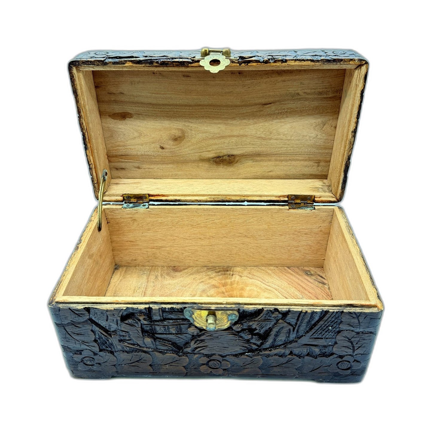 VINTAGE Decorative Oriental Carved Floral Wooden Storage Hinged Accent Box