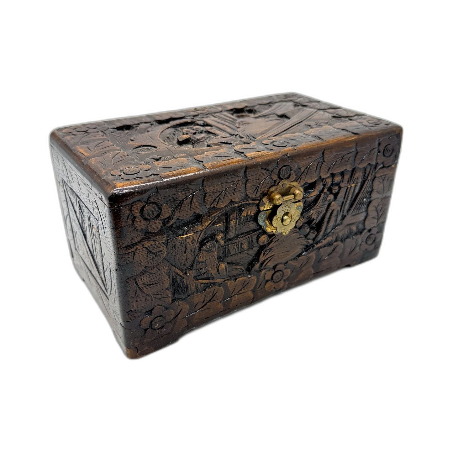 VINTAGE Decorative Oriental Carved Floral Wooden Storage Hinged Accent Box