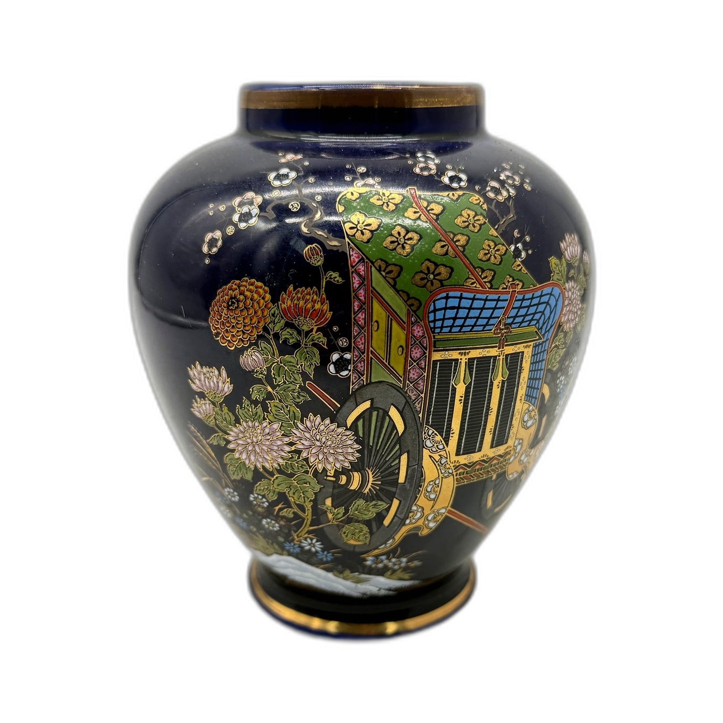 VINTAGE Japanese Decorative Ceramic Vase with Floral Cobalt Blue & Gold Design
