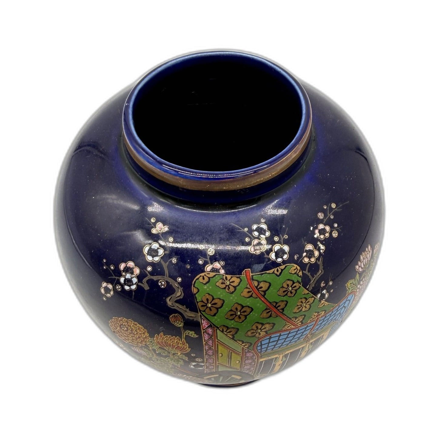 VINTAGE Japanese Decorative Ceramic Vase with Floral Cobalt Blue & Gold Design