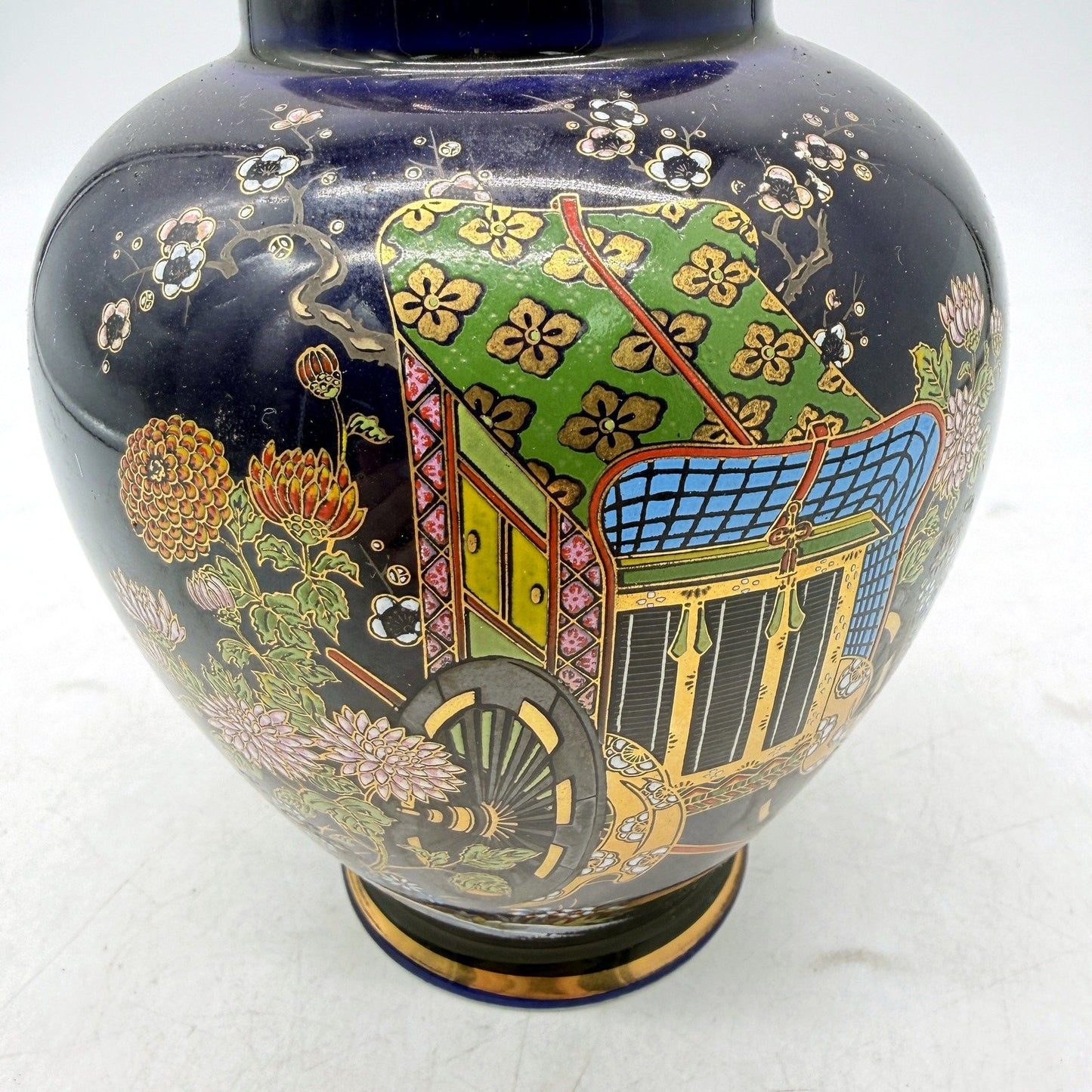 VINTAGE Japanese Decorative Ceramic Vase with Floral Cobalt Blue & Gold Design