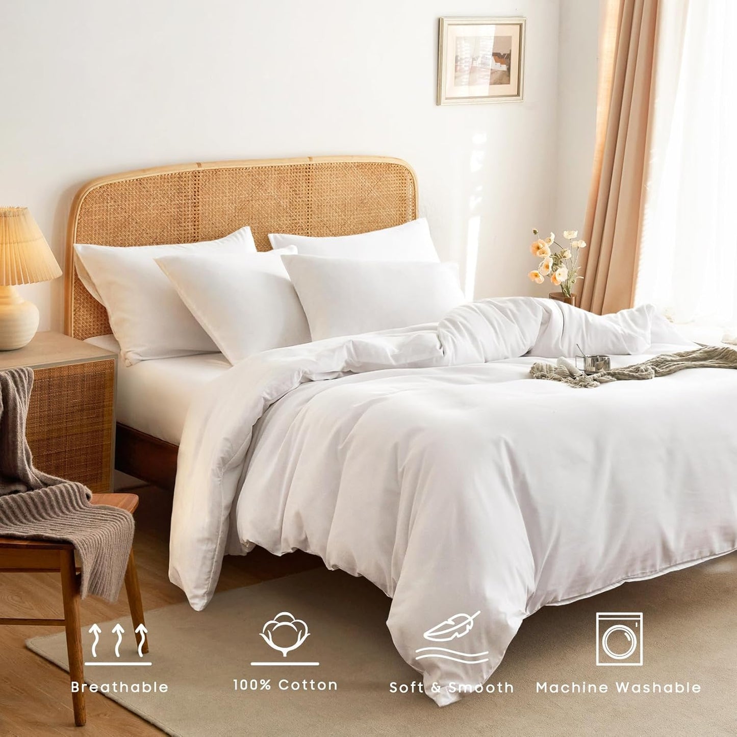 Wake In Cloud 100% Cotton Soft Bedding Duvet Cover Set, White DOUBLE Bed NEW