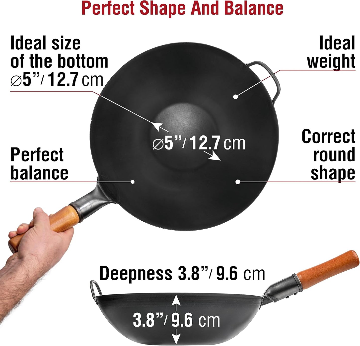 YOSUKATA 34cm Woks Carbon Steel Wok Pan, Pre-Seasoned Flat Bottom, Durable DEMO