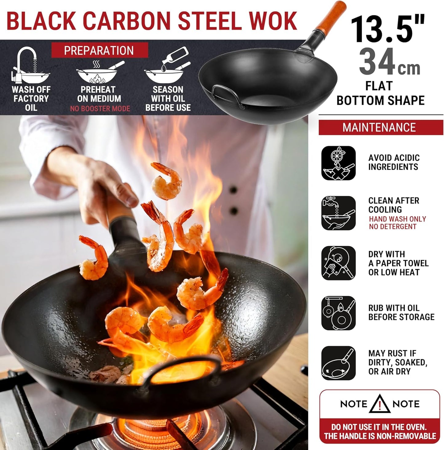 YOSUKATA 34cm Woks Carbon Steel Wok Pan, Pre-Seasoned Flat Bottom, Durable DEMO