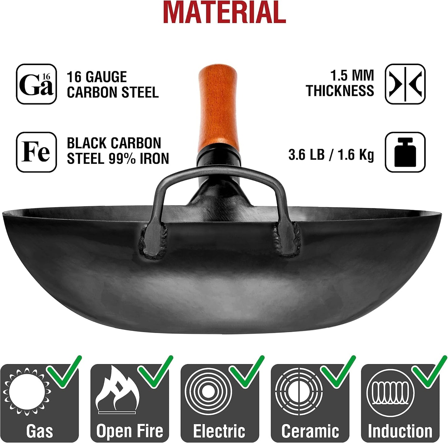 YOSUKATA 34cm Woks Carbon Steel Wok Pan, Pre-Seasoned Flat Bottom, Durable DEMO