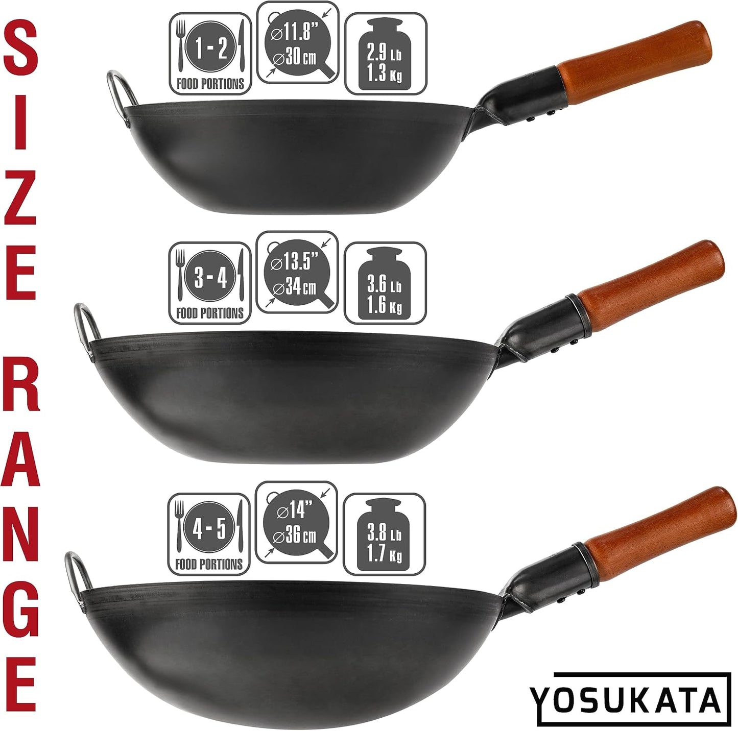 YOSUKATA 34cm Woks Carbon Steel Wok Pan, Pre-Seasoned Flat Bottom, Durable DEMO