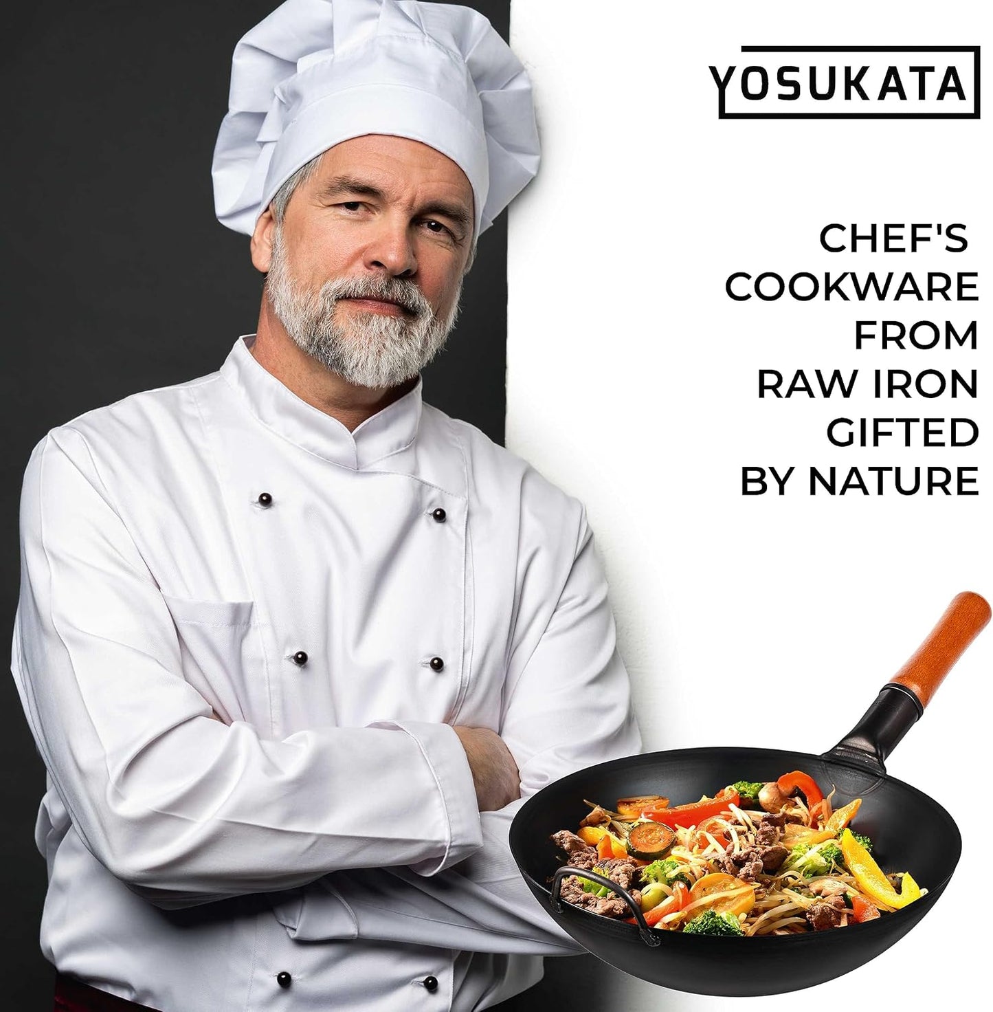YOSUKATA 34cm Woks Carbon Steel Wok Pan, Pre-Seasoned Flat Bottom, Durable DEMO