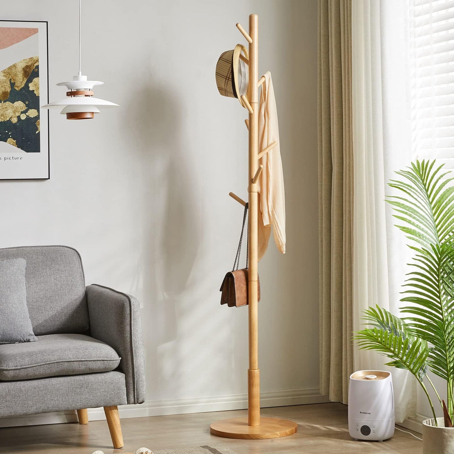 Joiena Wooden Coat Rack Tree with 8 Hooks, Adjustable Sizes Free Standing NEW