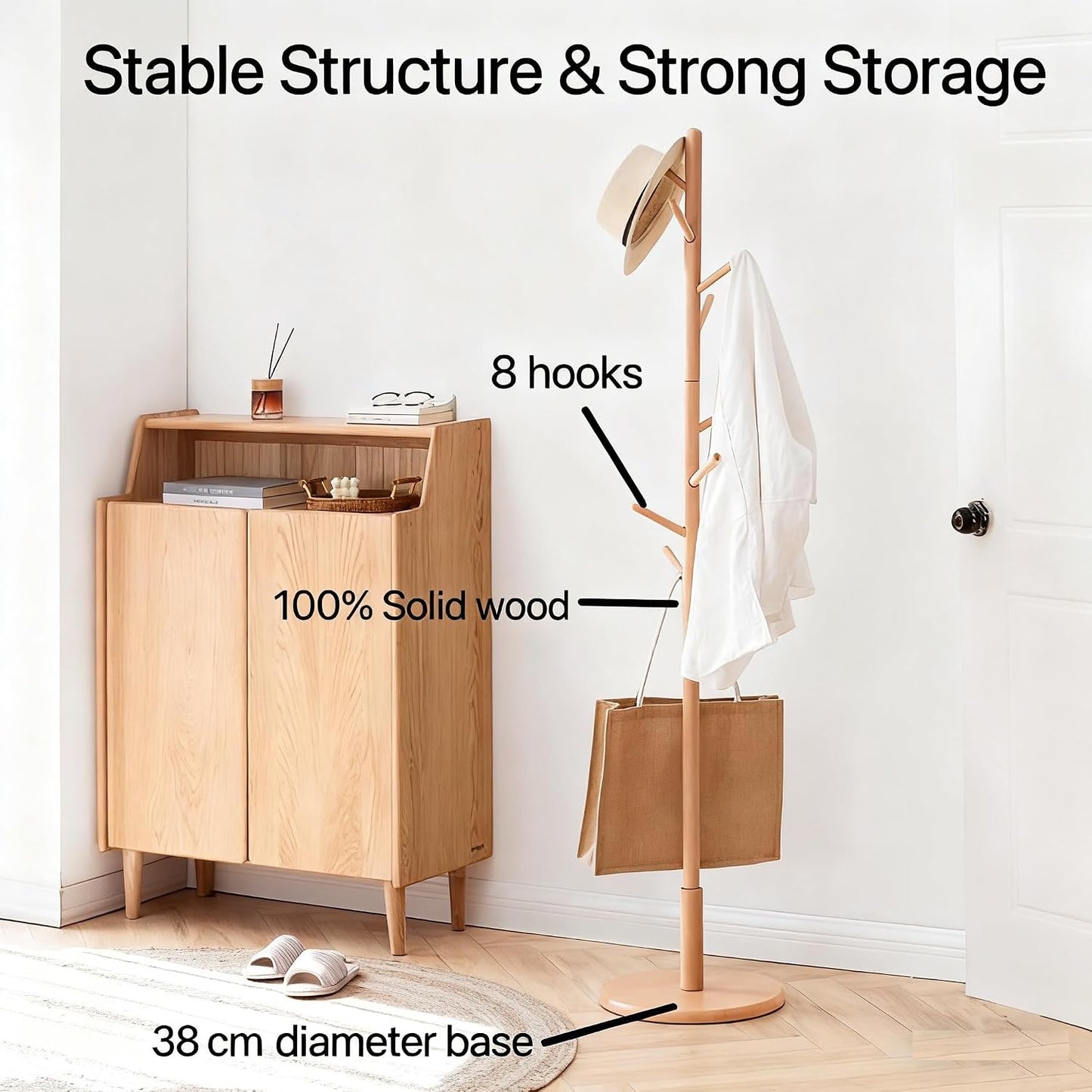 Joiena Wooden Coat Rack Tree with 8 Hooks, Adjustable Sizes Free Standing NEW