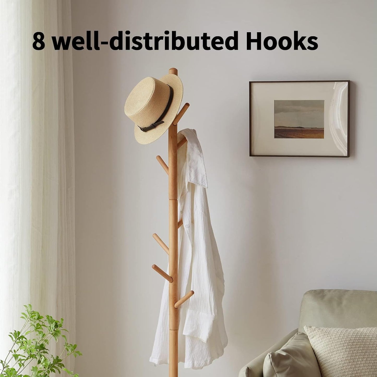 Joiena Wooden Coat Rack Tree with 8 Hooks, Adjustable Sizes Free Standing NEW