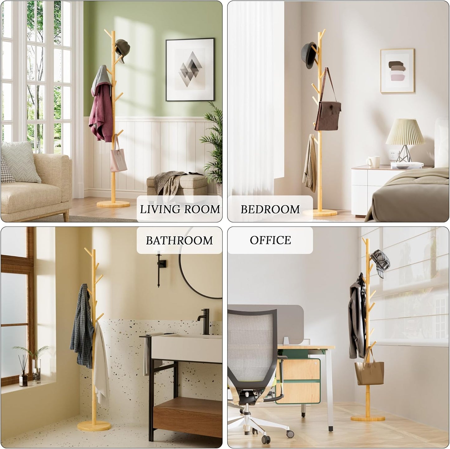 Joiena Wooden Coat Rack Tree with 8 Hooks, Adjustable Sizes Free Standing NEW