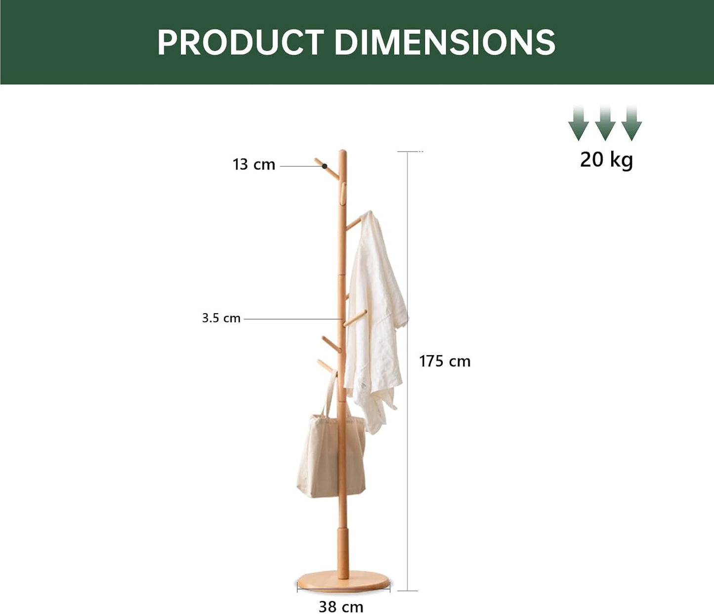 Joiena Wooden Coat Rack Tree with 8 Hooks, Adjustable Sizes Free Standing NEW