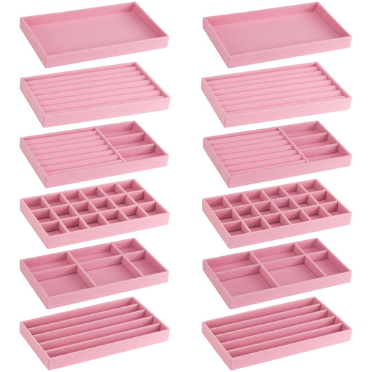 FHDUSRYO 12 Stackable Velvet Jewellery Organizer Trays Large Decorative Pink NEW