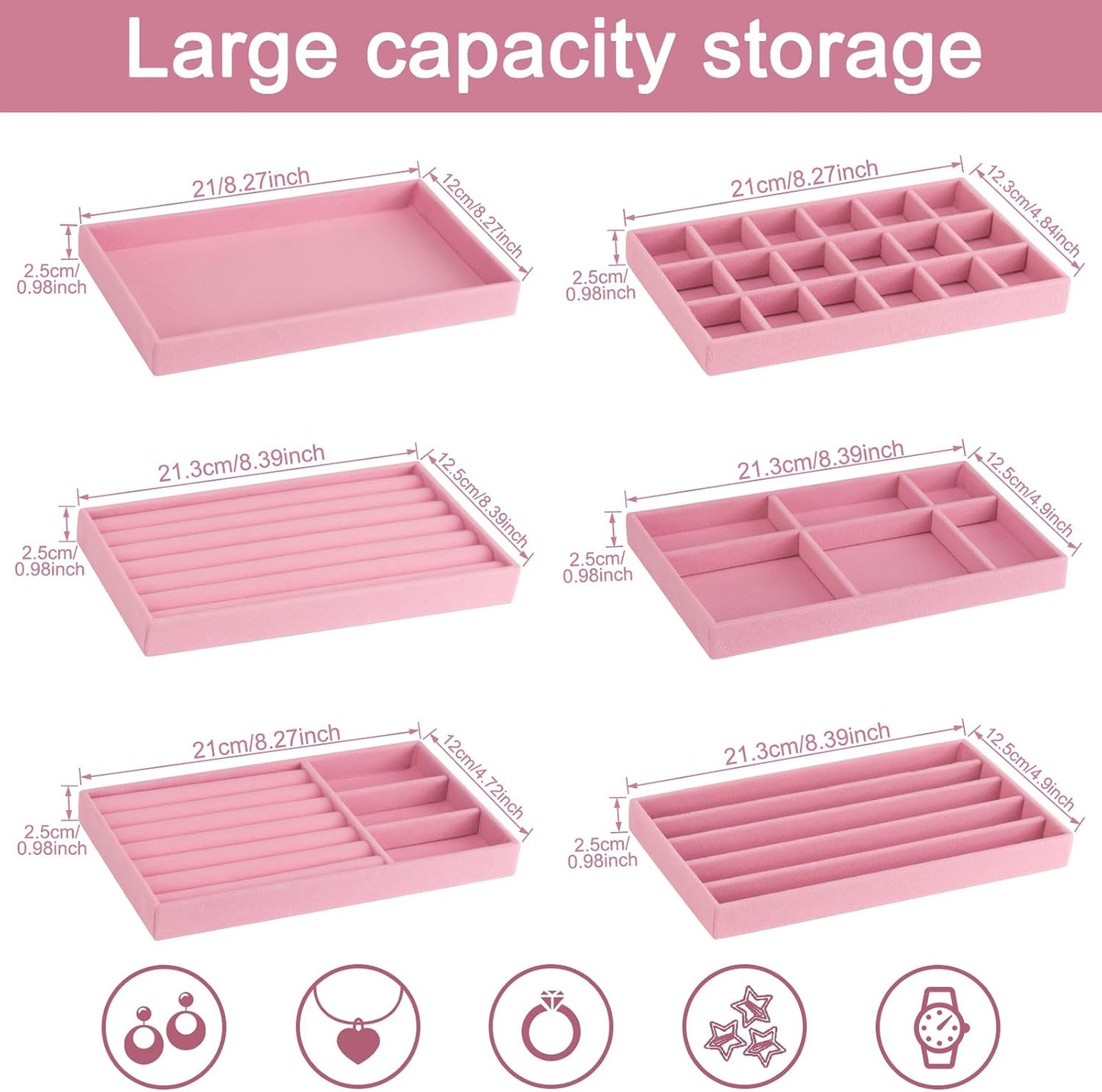 FHDUSRYO 12 Stackable Velvet Jewellery Organizer Trays Large Decorative Pink NEW