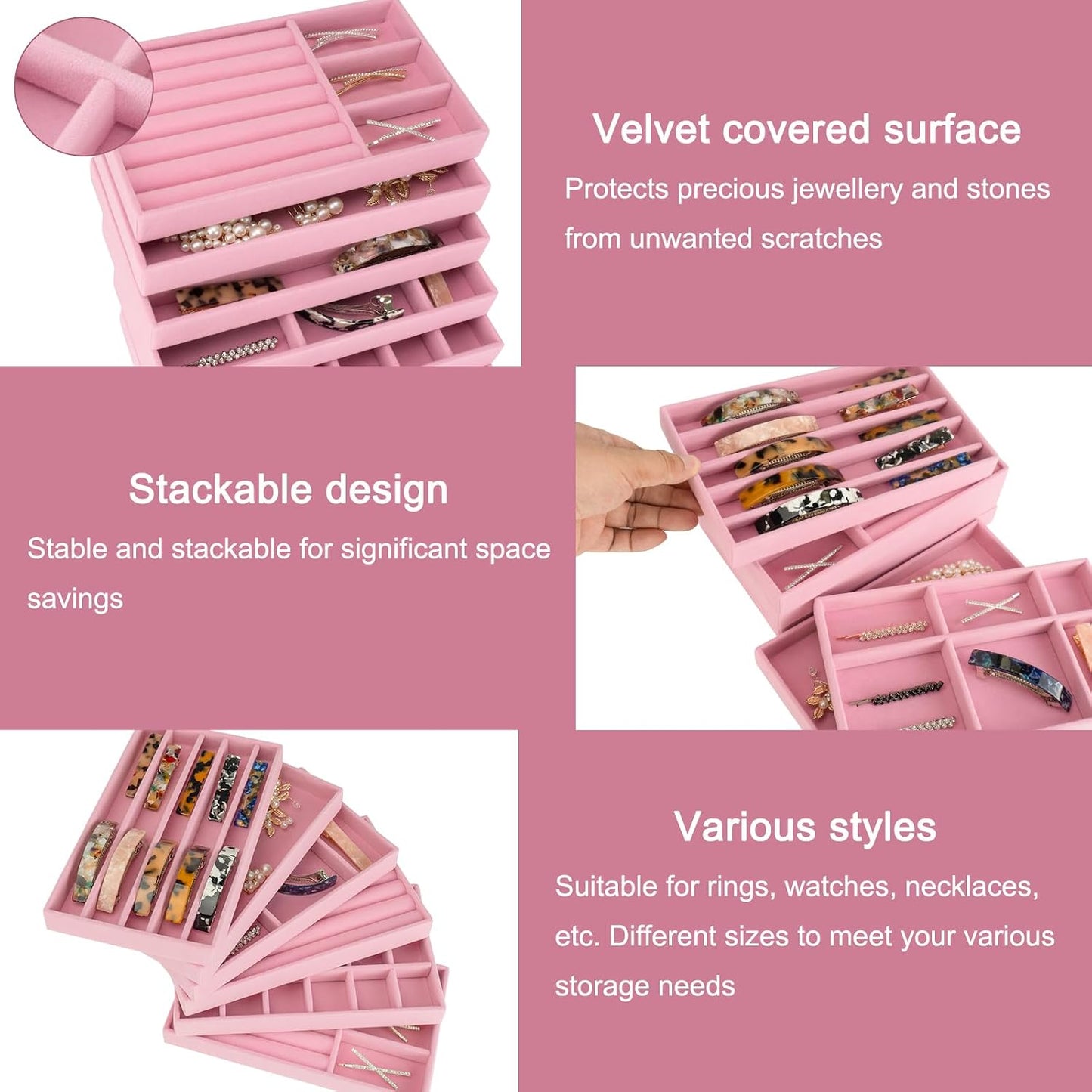 FHDUSRYO 12 Stackable Velvet Jewellery Organizer Trays Large Decorative Pink NEW