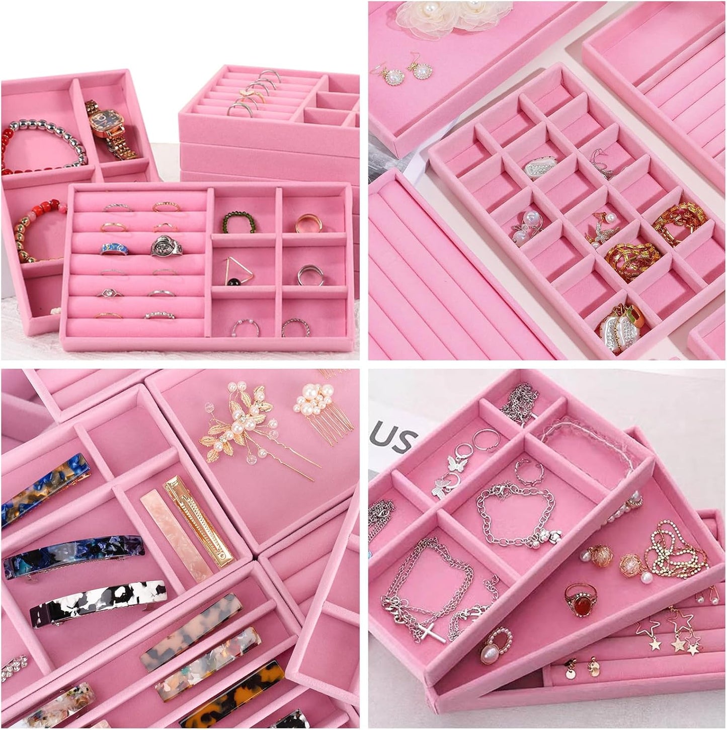 FHDUSRYO 12 Stackable Velvet Jewellery Organizer Trays Large Decorative Pink NEW