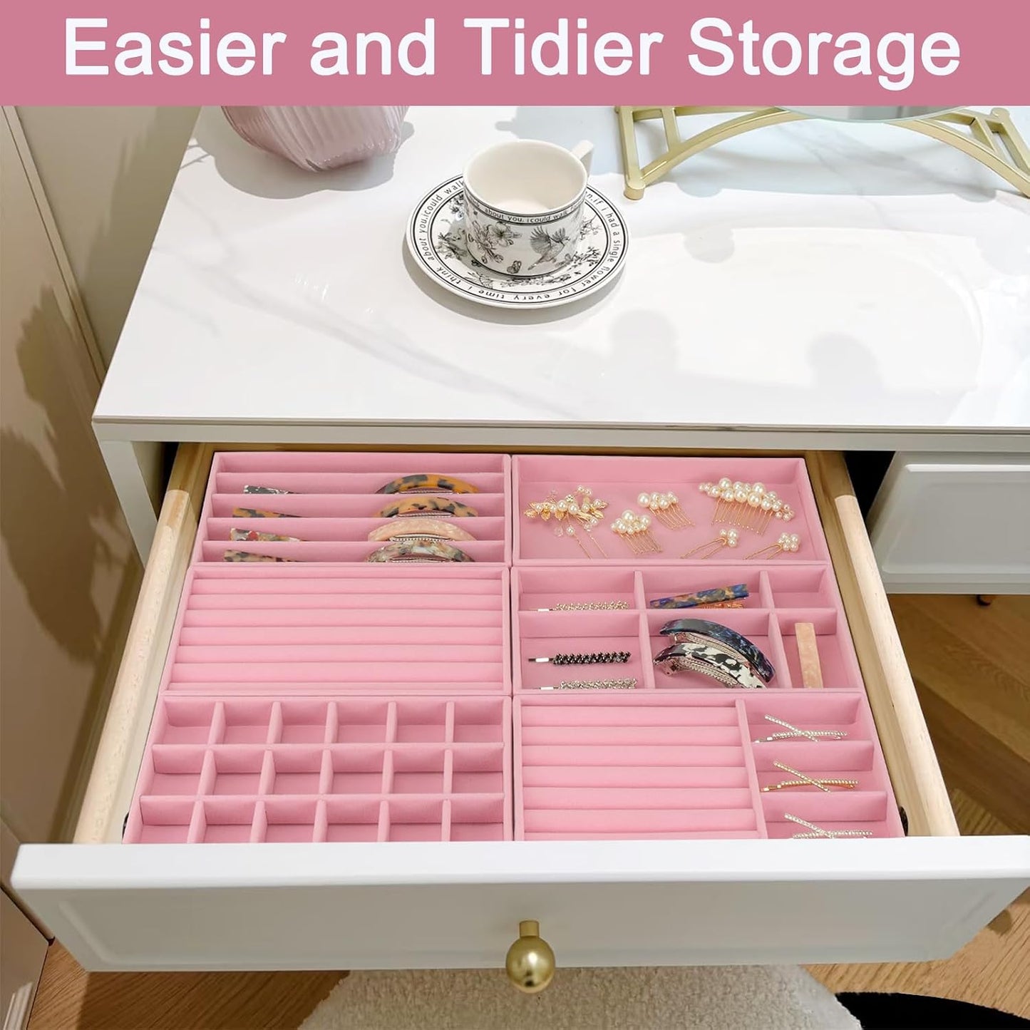 FHDUSRYO 12 Stackable Velvet Jewellery Organizer Trays Large Decorative Pink NEW