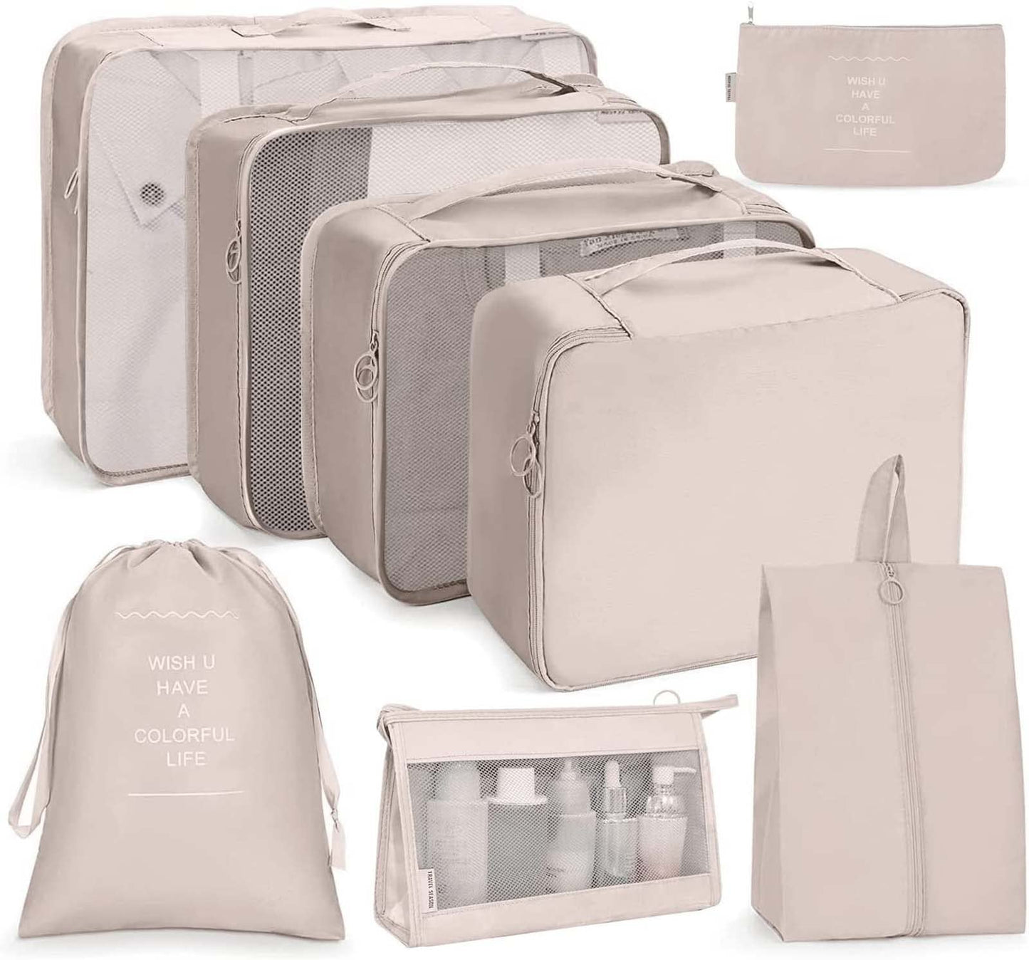 DAWNTREES 8 Piece Packing Cubes Luggage Organizer Beige Travel Suitcase Set NEW