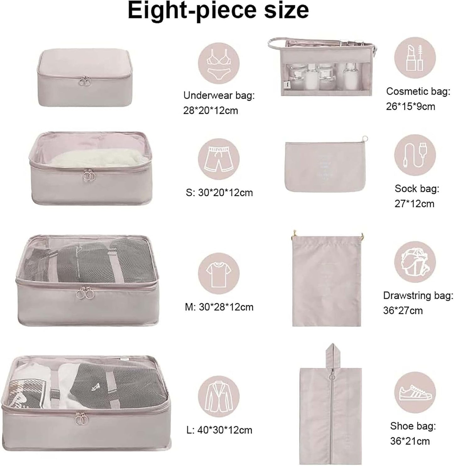 DAWNTREES 8 Piece Packing Cubes Luggage Organizer Beige Travel Suitcase Set NEW