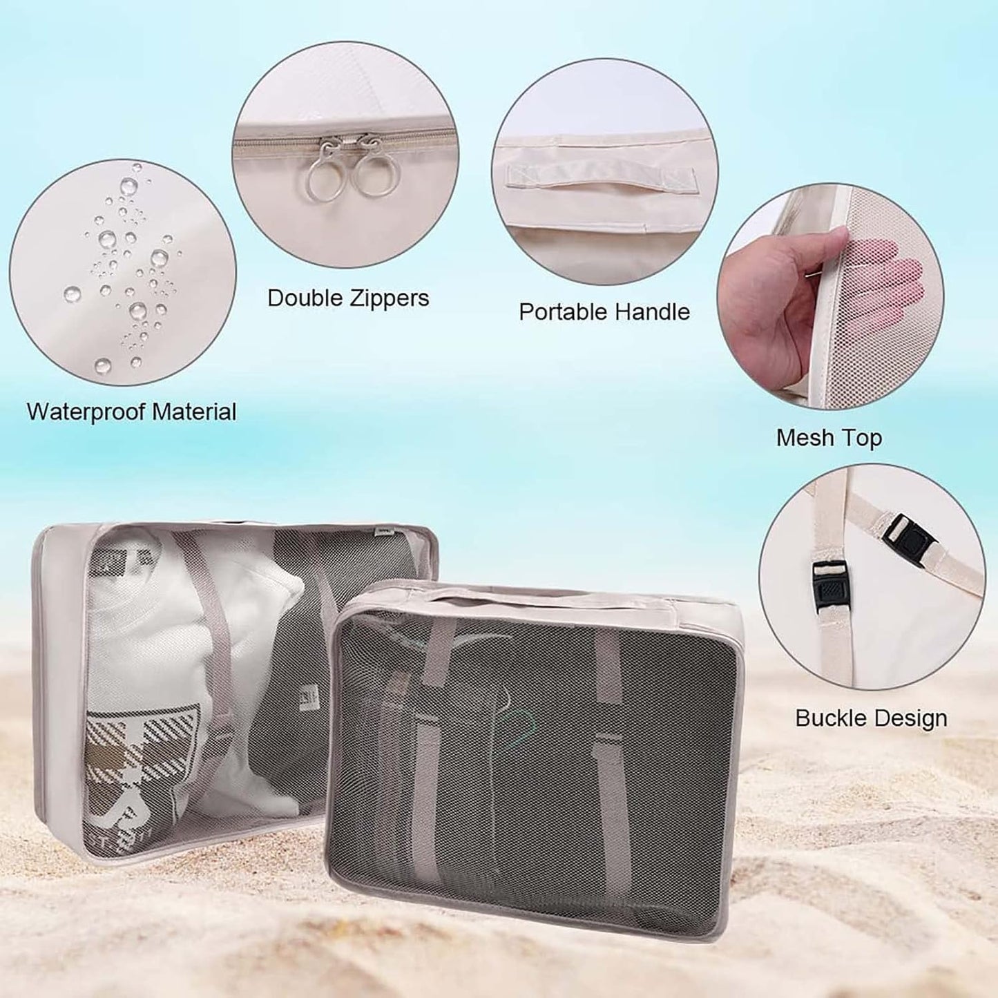 DAWNTREES 8 Piece Packing Cubes Luggage Organizer Beige Travel Suitcase Set NEW