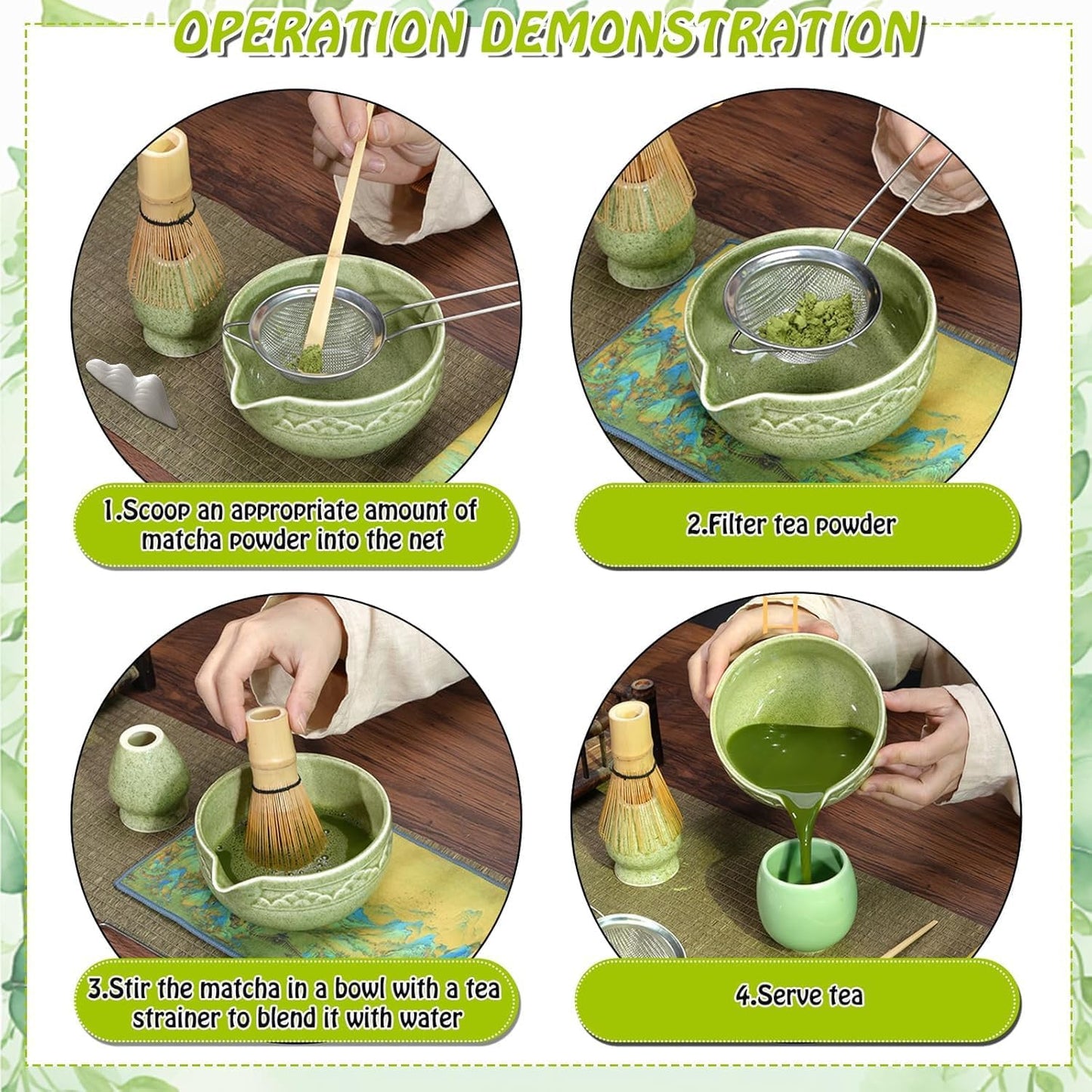 KIVISOYI Matcha Tea Sets Whisk Set - Japanese Green Bamboo Tea Bowl & Spout NEW