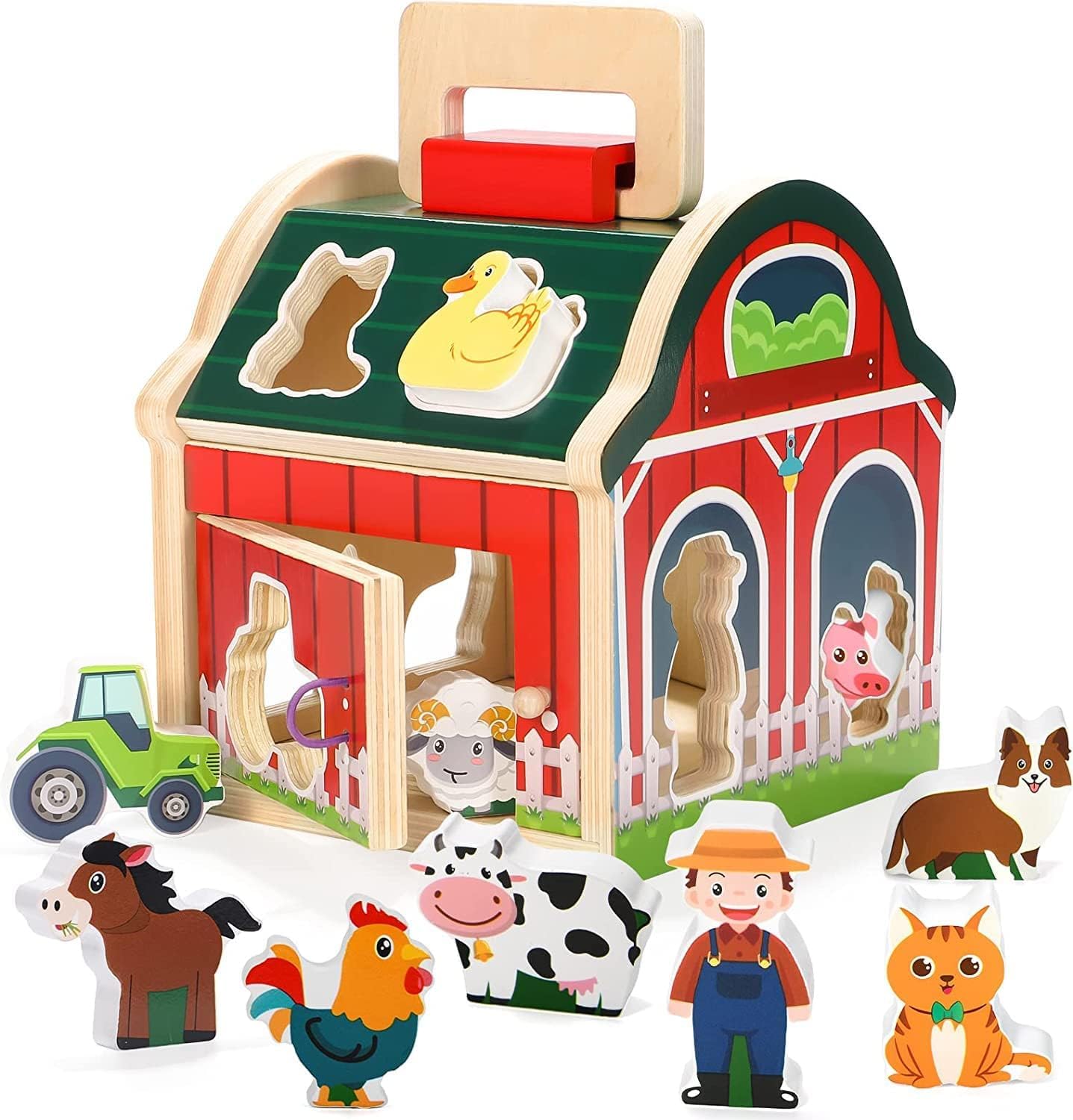 Uandhome Wooden Farm Animals Shape Sorter Toys Take-Along Sorting Barn DEMO