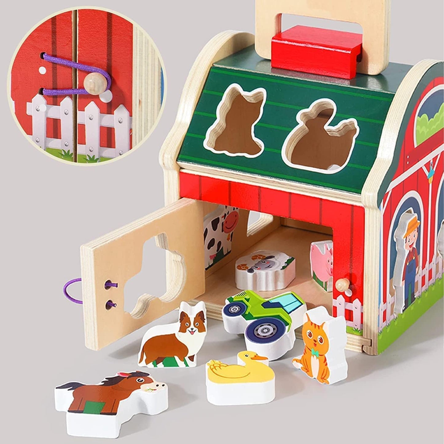 Uandhome Wooden Farm Animals Shape Sorter Toys Take-Along Sorting Barn DEMO