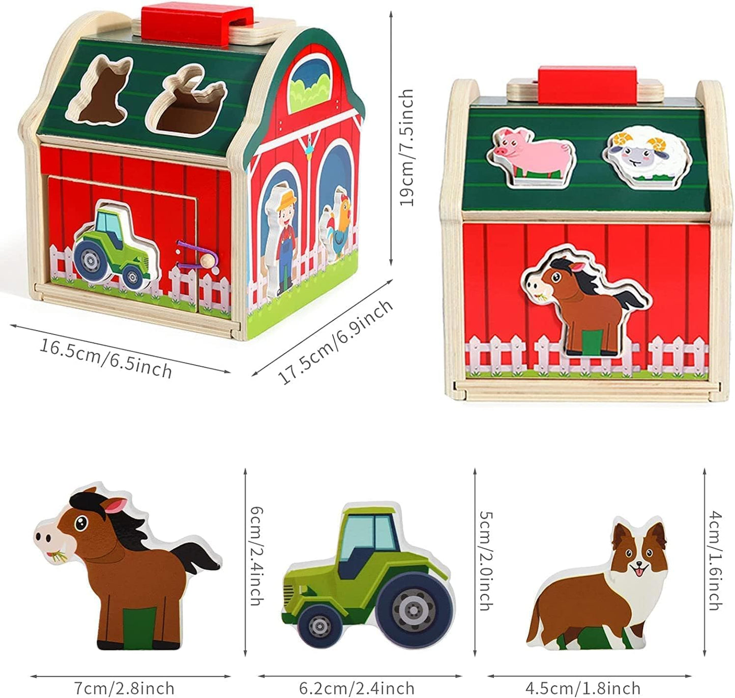 Uandhome Wooden Farm Animals Shape Sorter Toys Take-Along Sorting Barn DEMO