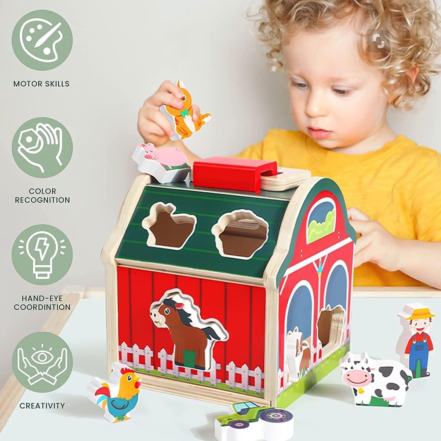 Uandhome Wooden Farm Animals Shape Sorter Toys Take-Along Sorting Barn DEMO