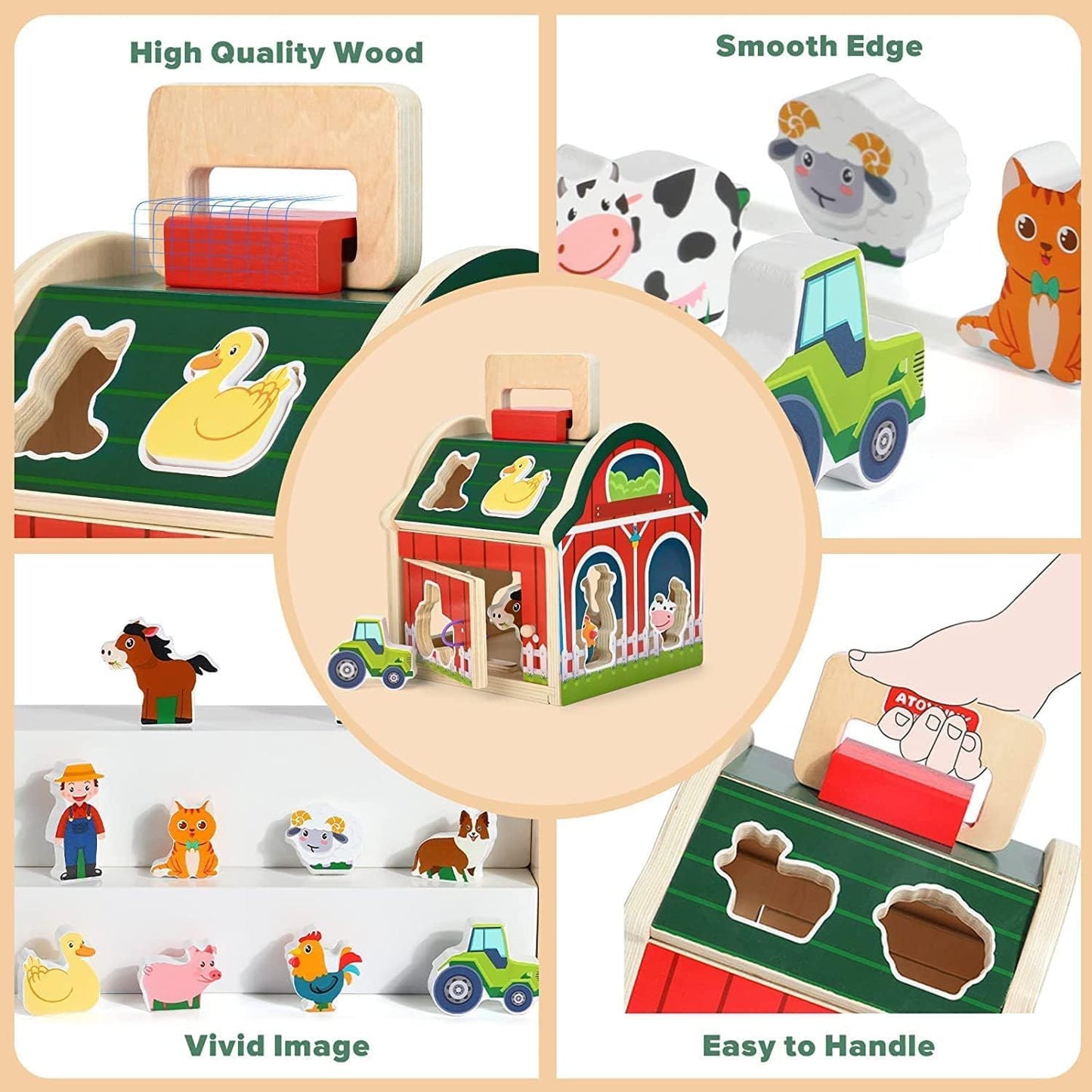 Uandhome Wooden Farm Animals Shape Sorter Toys Take-Along Sorting Barn DEMO
