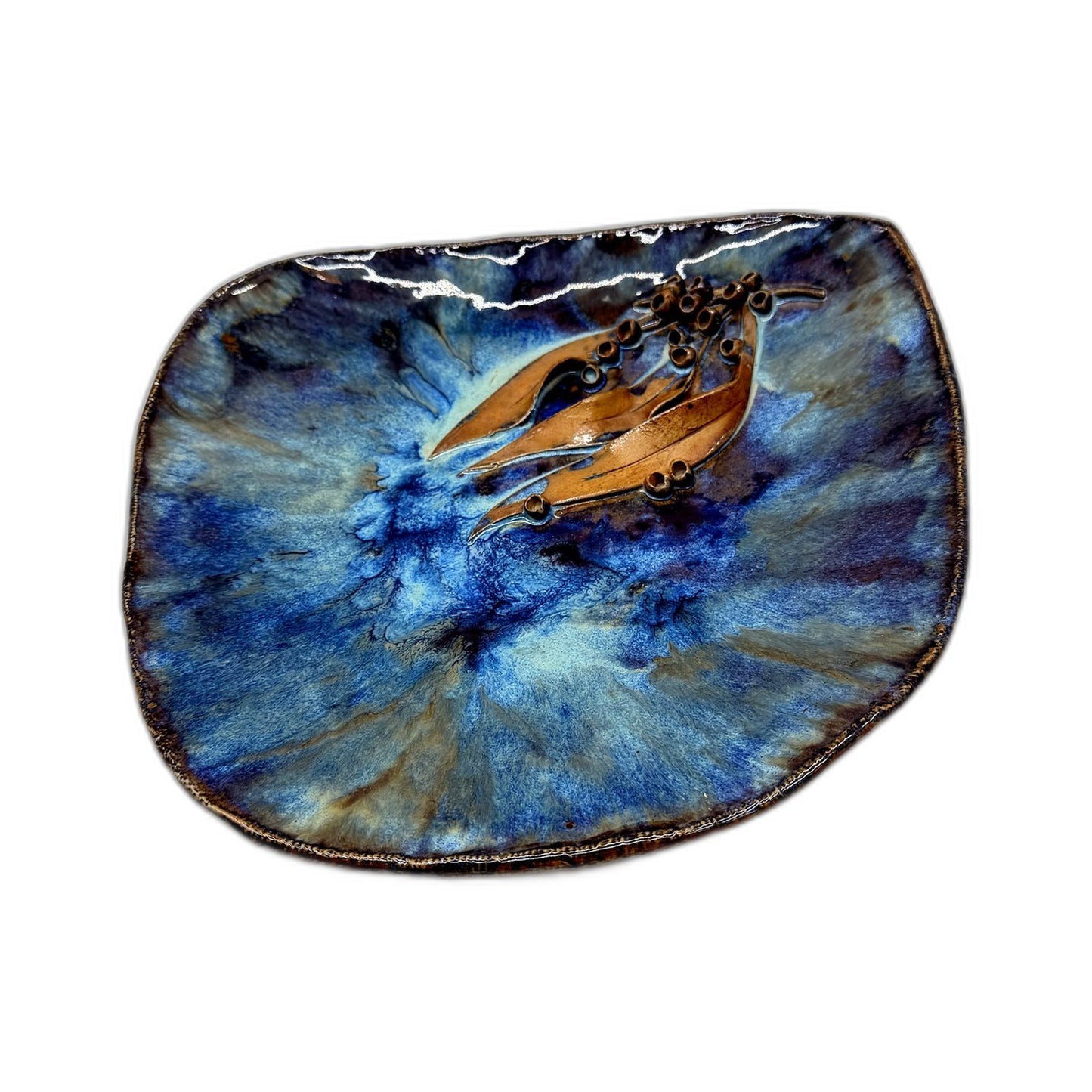 Handmade Decorative Pottery Gum Nut Plate in Blue and Brown Hues Artisan Signed