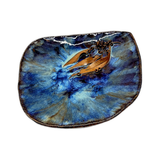 Handmade Decorative Pottery Gum Nut Plate in Blue and Brown Hues Artisan Signed