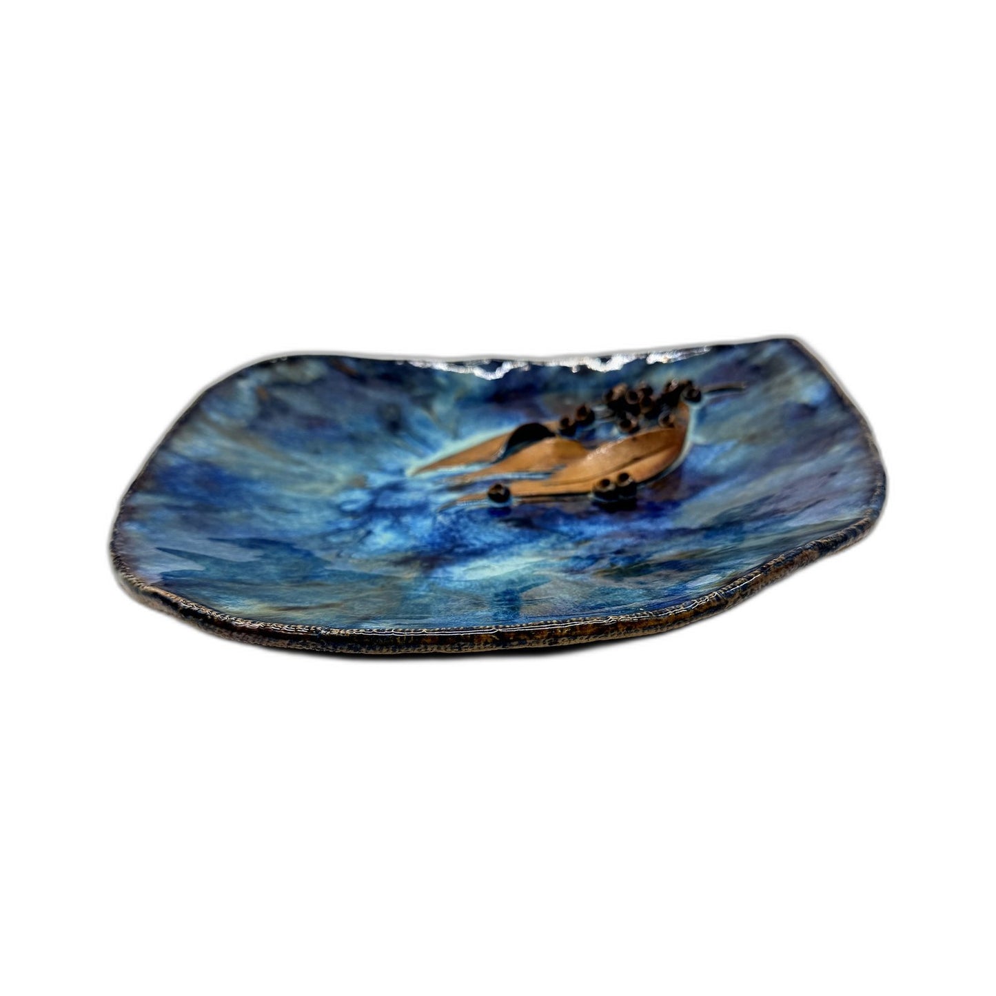 Handmade Decorative Pottery Gum Nut Plate in Blue and Brown Hues Artisan Signed